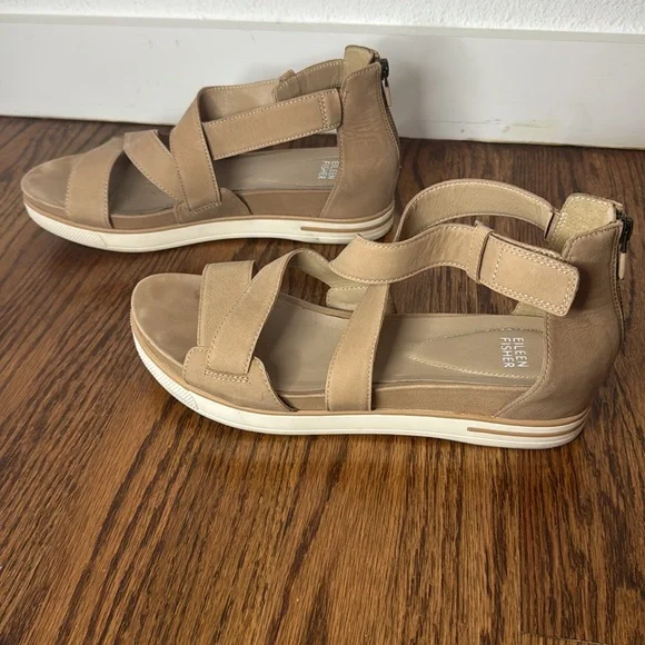 Eileen Fisher Tan Leather Wedge Sandals Sally Wedges, Sz 10 - Picture 5 of 12
